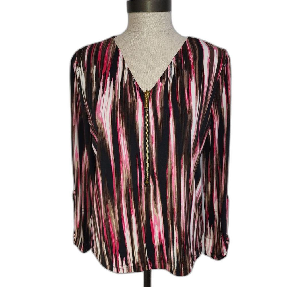 Michael Kors Multi-Color Half-Zip Blouse with Roll-Tab Sleeves Size S